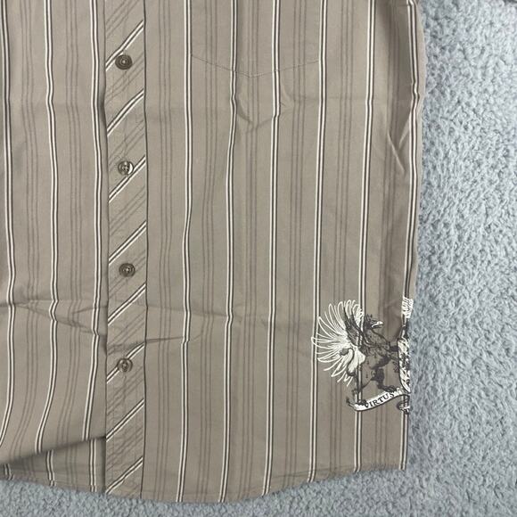 XG Prep Men's Large Brown Striped Crest Short Sleeve Button Up Shirt - Picture 7 of 16